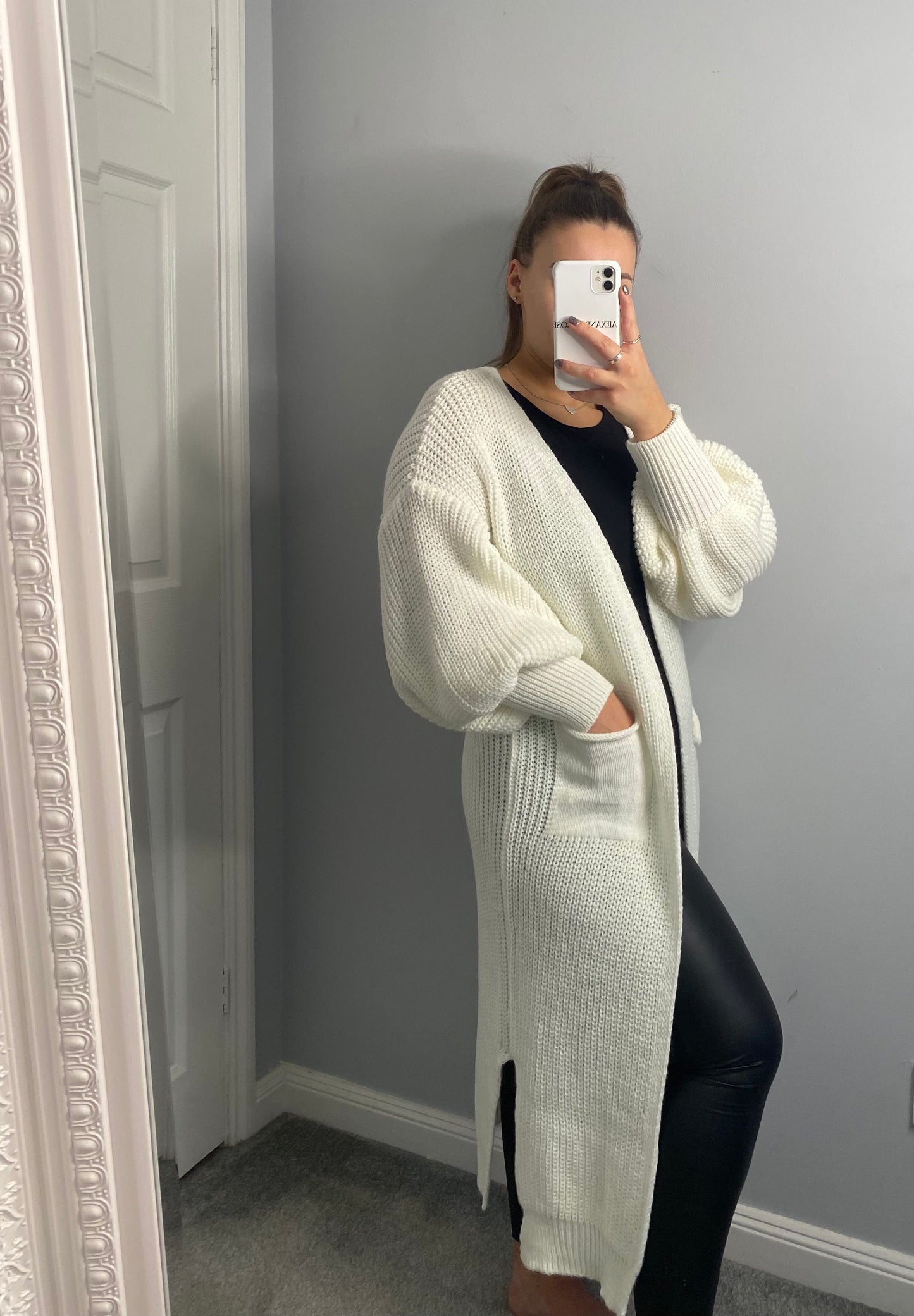 Long cream cardigan outlet outfit